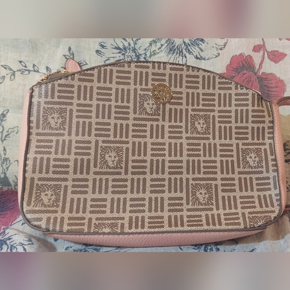 Anne Klein Handbags - Anne Klein Tan and Pink Patterned Shoulder Bag with Gold Medallion